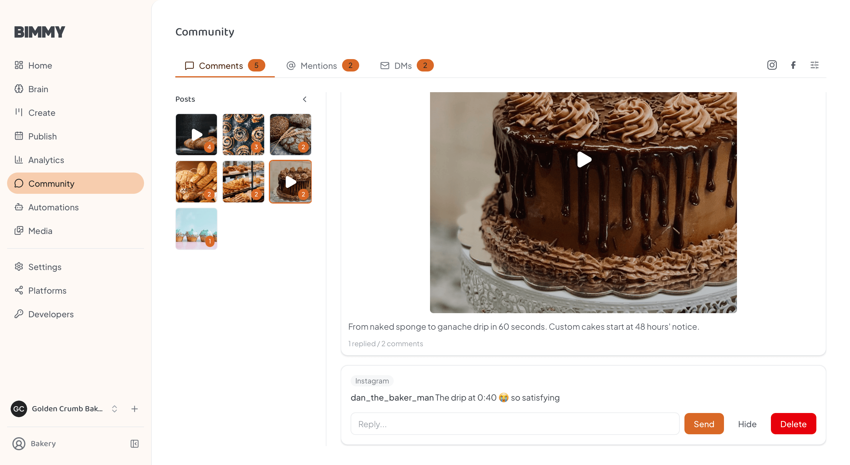 Bimmy's Community inbox for a bakery, with comments on a chocolate drip cake video and a reply box ready to go