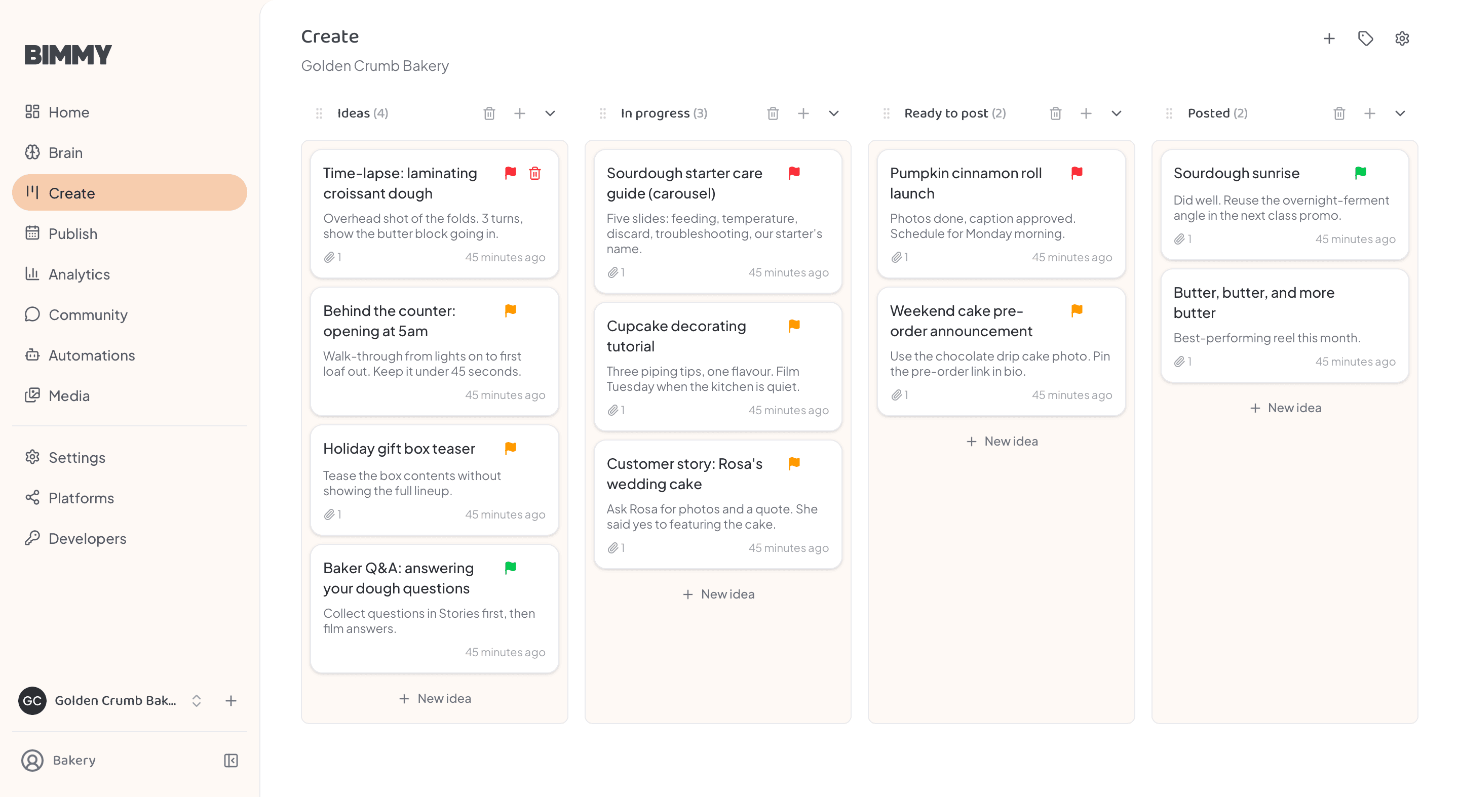 Bimmy's Create board for a bakery, with content ideas moving across Ideas, In progress, Ready to post and Posted