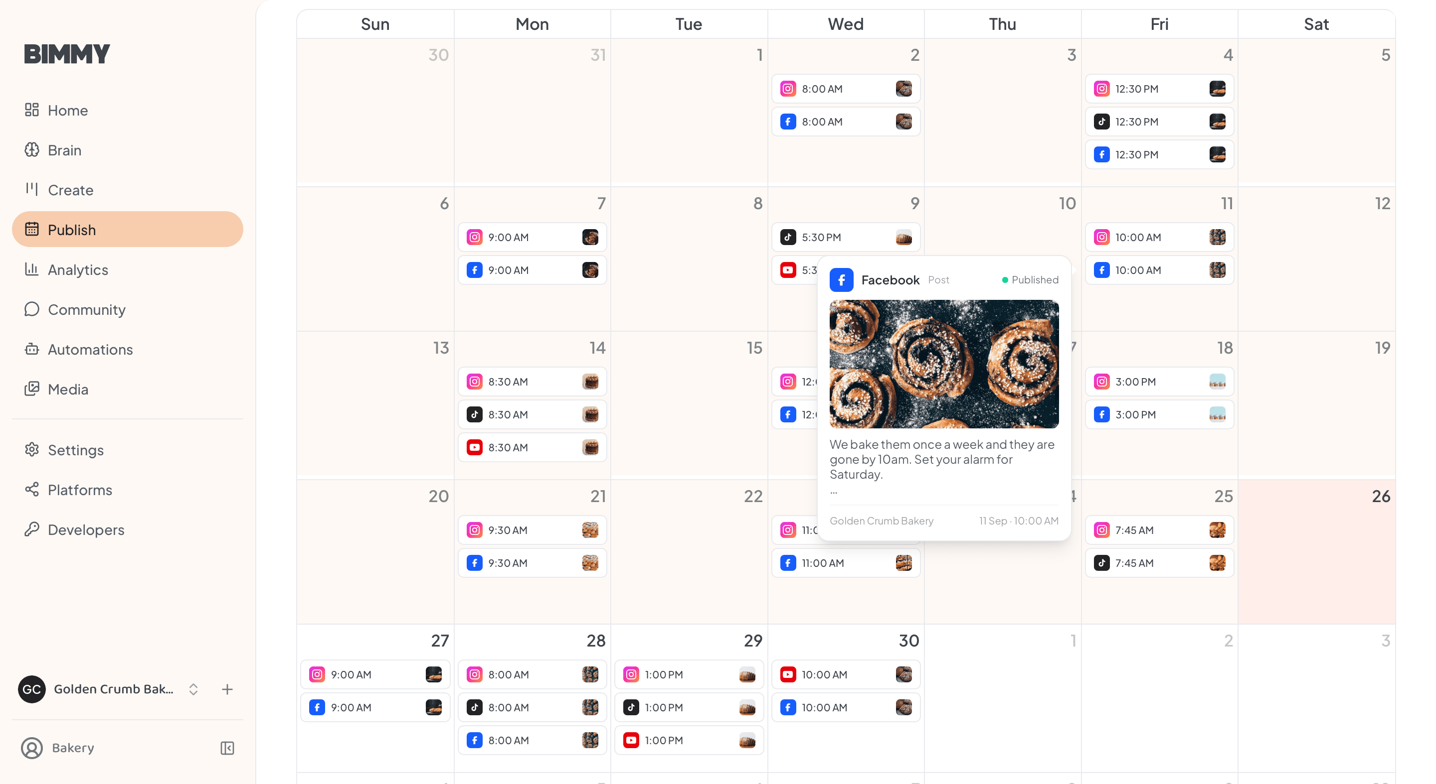 Bimmy's Publish calendar for a bakery, with scheduled Instagram, TikTok, Facebook and YouTube posts and a published Facebook post previewed